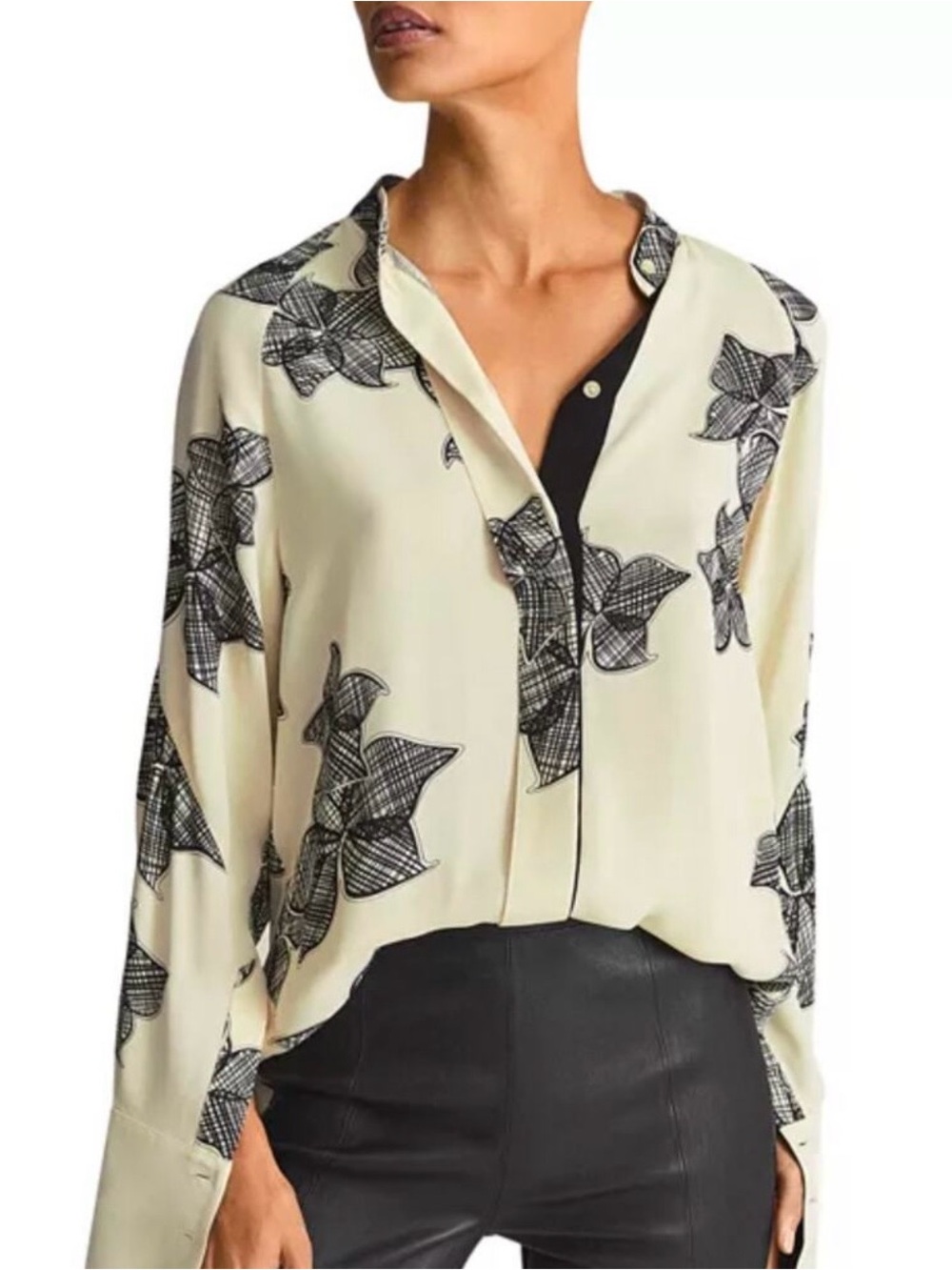 Reiss Harris Cream Abstract Blouse with Black Floral Print, US size 8